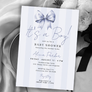 Blue bow its a boy baby shower invitation
