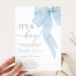 Blue Bow Its A Boy Baby Shower Invitation