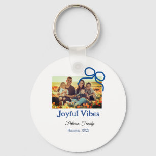 Blue bow joyful Vibes add family name photo christ Key Ring