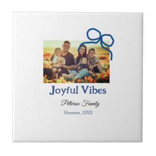 Blue bow joyful Vibes add family name photo christ Tile