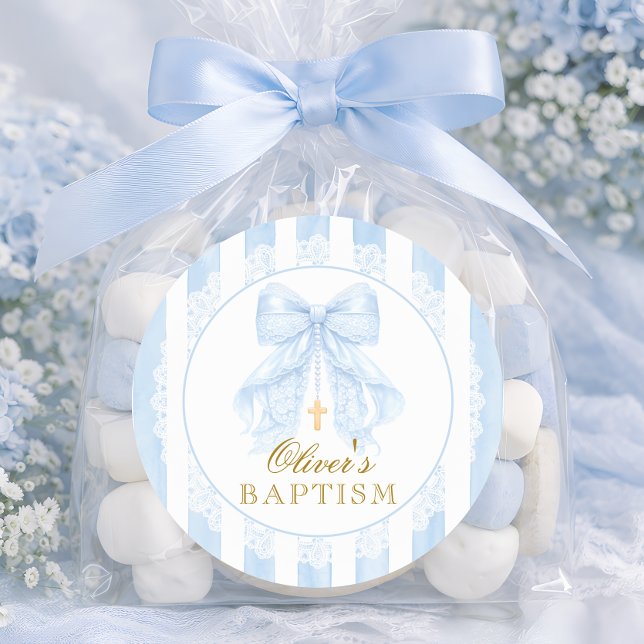 Blue Bow Lace Boy Baptism Classic Round Sticker (Creator Uploaded)