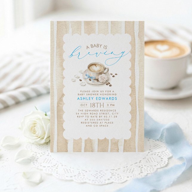 Blue Bow Latte Coffee Boy Baby Shower Invitation (A Baby Is Brewing Boy Baby Shower Invitations)