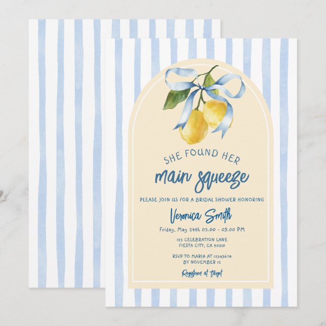 Blue Bow Lemon Main Squeeze Bridal Shower Invitation (Front/Back)