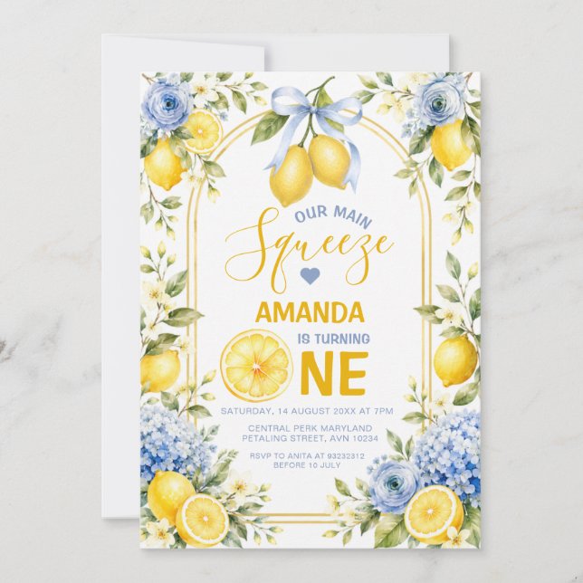 Blue Bow Lemon Sweet One birthday Main Squeeze Invitation (Front)