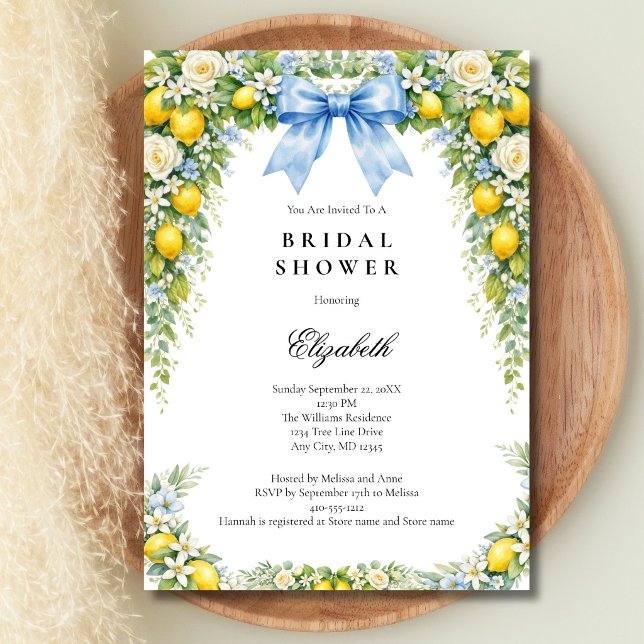 Blue Bow Lemons Florals Bridal Shower Invitation (Blue Coquette Bow, Mediterranean Lemons Florals Bridal Shower Invitation. Digital or Printed)