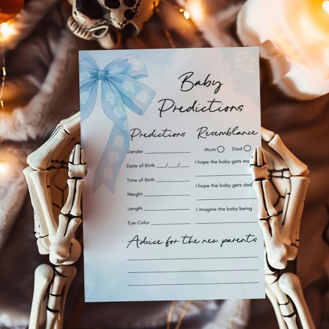 Blue Bow Little Boo Baby Predictions Game (Boy Coquette Halloween Baby Shower Baby Predictions Game)