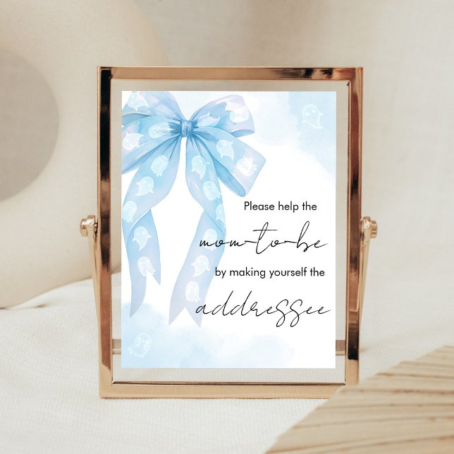 Blue Bow Little Boo Shower Envelope Station Sign (Boy Coquette Halloween Baby Shower Envelope Station Sign)