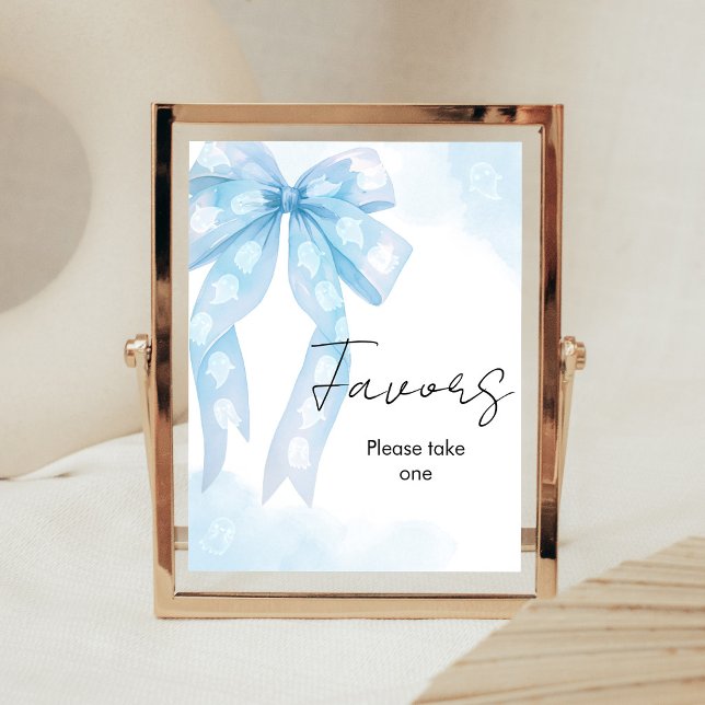 Blue Bow Little Boo Shower Favours Sign (Boy Coquette Halloween Baby Shower Favors Sign)