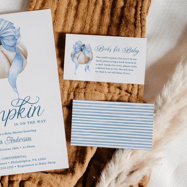 Blue Bow Little Pumpkin Baby Shower Books for Baby Enclosure Card (Creator Uploaded)