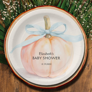 Blue Bow Little Pumpkin Baby Shower Paper Plate