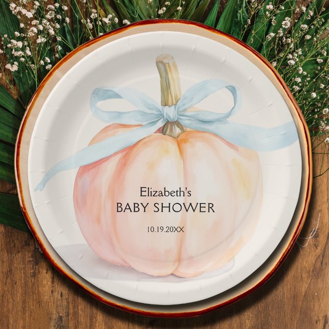 Blue Bow Little Pumpkin Baby Shower Paper Plate (Blue Bow Little Pumpkin Boy Baby Shower Paper Plates)