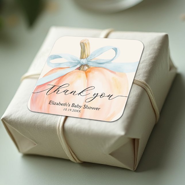 Blue Bow Little Pumpkin Baby Shower Square Sticker (Blue ribbon and bow little pumpkin boy baby shower square stickers)