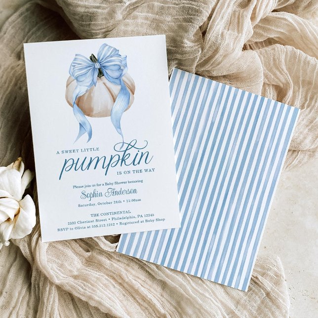 Blue Bow Little Pumpkin Boy Baby Shower Invitation (Creator Uploaded)