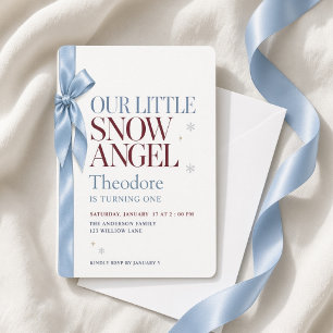 Blue Bow Little Snow Angel Winter First Birthday Invitation