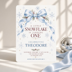 Blue Bow Little Snowflake Winter First Birthday Invitation