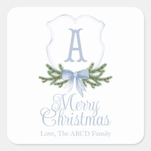 Blue Bow Merry Christmas Crest Sticker Tag - A