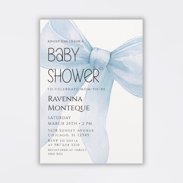 Blue Bow Minimal Elegant Personalized Baby Shower Invitation (Creator Uploaded)