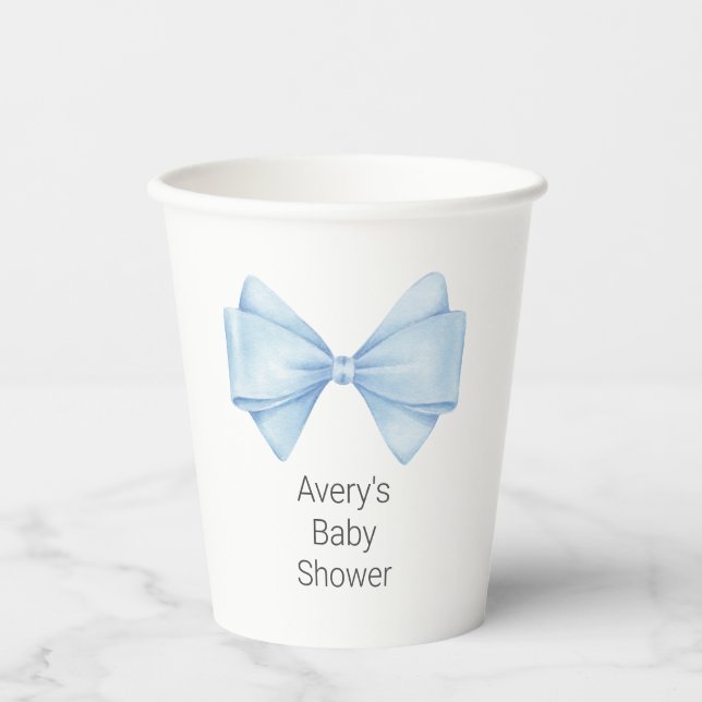 Blue Bow Modern Boy Baby Shower Paper Cups (Front)
