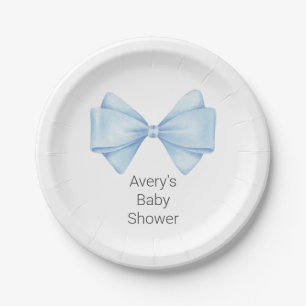Blue Bow Modern Boy Baby Shower Paper Plate