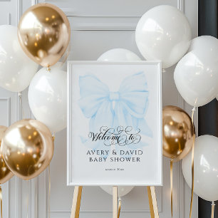 Blue Bow Modern Elegant Baby Boy Shower Poster