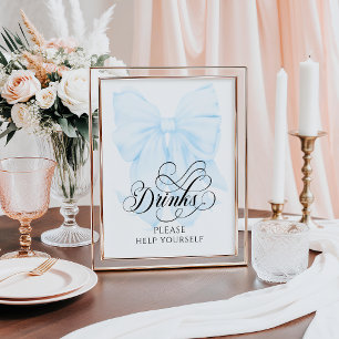 Blue Bow Modern Elegant Baby Shower Drinks Poster