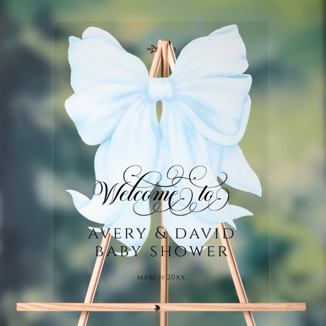 Blue Bow Modern Elegant boy Baby Shower Acrylic Sign (Neutral)