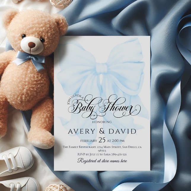 Blue Bow Modern Elegant Boy Baby Shower Invitation (Creator Uploaded)