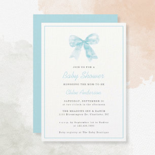Blue Bow Modern Minimalist Boy Baby Shower Invitation