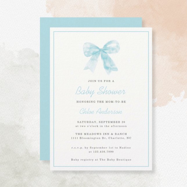 Blue Bow Modern Minimalist Boy Baby Shower Invitation (Creator Uploaded)