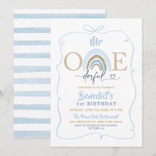 Blue Bow Mr Onederful Boy's Birthday Invitation
