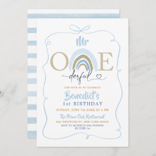 Blue Bow Mr Onederful Boy's Birthday Invitation