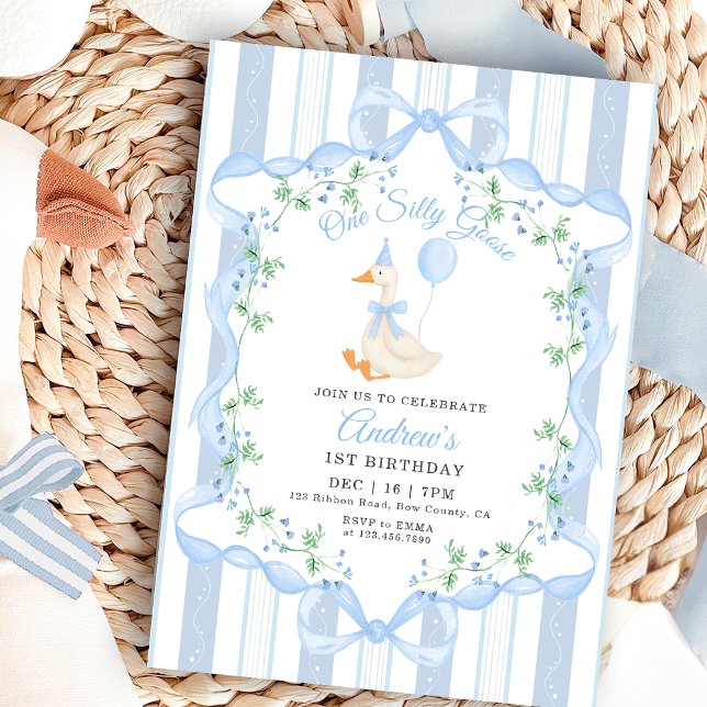 Blue Bow One Silly Goose Floral Boy 1st Birthday Invitation (Creator Uploaded)
