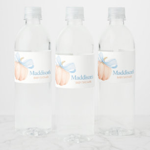 Blue Bow Orange Pumpkin Baby Shower Water Bottle Label