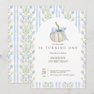 Blue bow Our Little Pumpkin Birthday Invitation