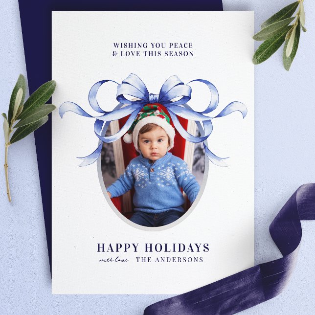 Blue Bow Oval Frame Happy Holidays Photo Holiday Card (Creator Uploaded)