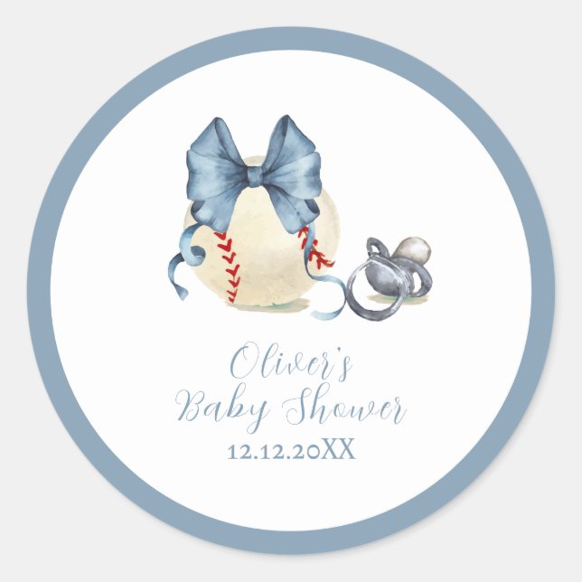 Blue Bow Pacifier Baseball Sport Baby Shower  Classic Round Sticker (Front)