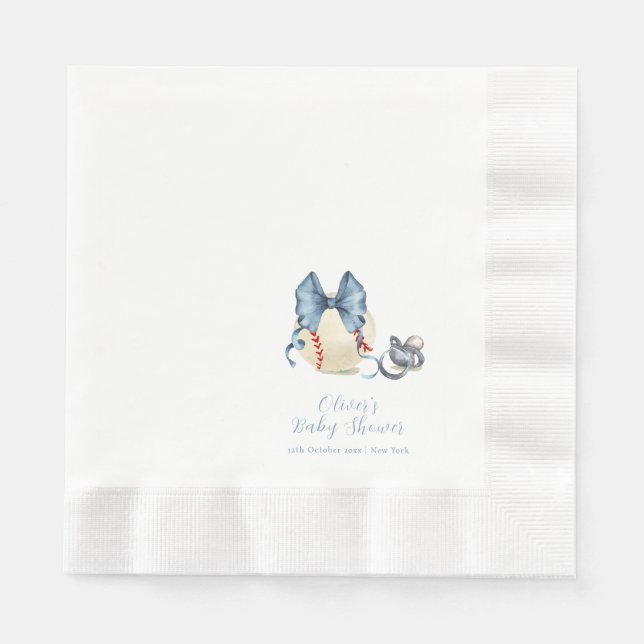 Blue Bow Pacifier Baseball Sport Baby Shower  Napkin (Front)