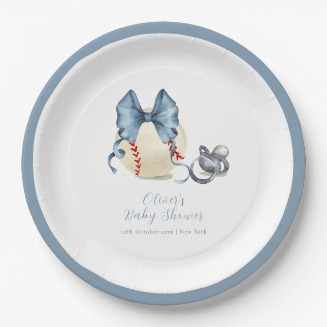 Blue Bow Pacifier Baseball Sport Baby Shower  Paper Plate (Front)