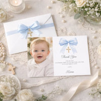 Blue bow photo boy gold cross Baptism