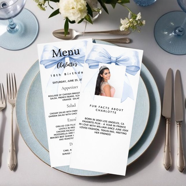 Blue bow photo fun facts birthday menu card (Creator Uploaded)