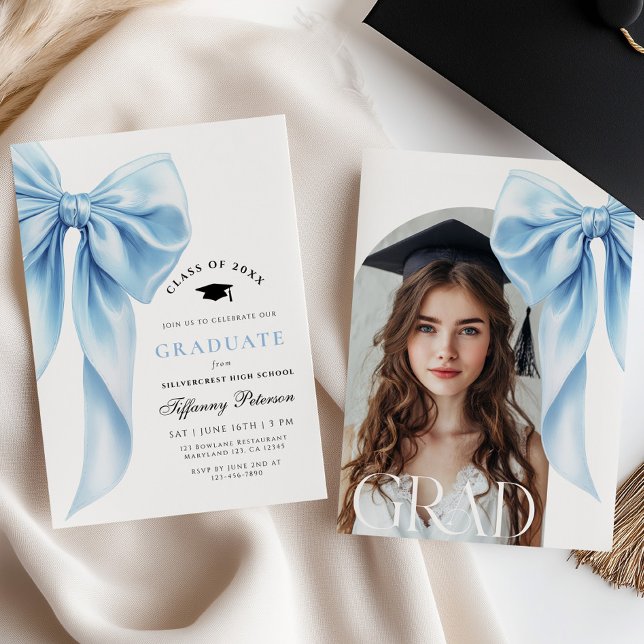 Blue Bow Photo Graduation Invitation (Creator Uploaded)