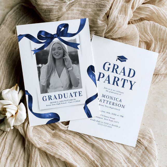 Blue Bow Photo Graduation Party Invitation (Creator Uploaded)
