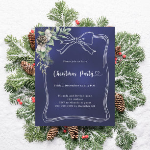 Blue bow pine greenery Christmas Party invitation