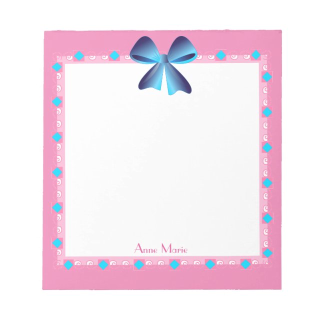 Blue Bow Pink Deco Frame Custom Notepad (Front)