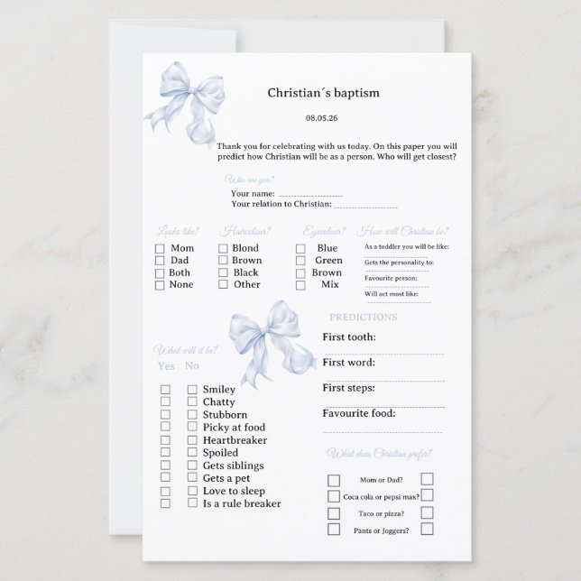 Blue Bow Predictions and advice game for Baptism (Front)