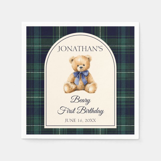 Blue Bow Preppy Teddy Bear 1st Birthday Napkin (Front)