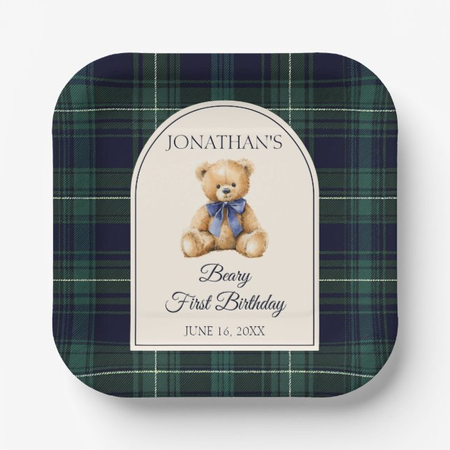 Blue Bow Preppy Teddy Bear 1st Birthday Paper Plate (Front)