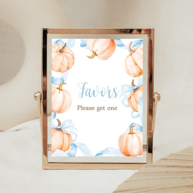 Blue Bow Pumpkin Baby Shower Favours Sign (Boy Bow Pumpkin Baby Shower Favors Sign)