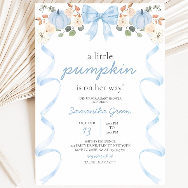 Blue Bow Pumpkin Baby Shower Invitation (Creator Uploaded)