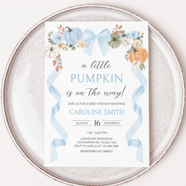 Blue Bow Pumpkin Baby Shower Invitation (Blue Bow Little Pumpkin Baby Shower Invitation)